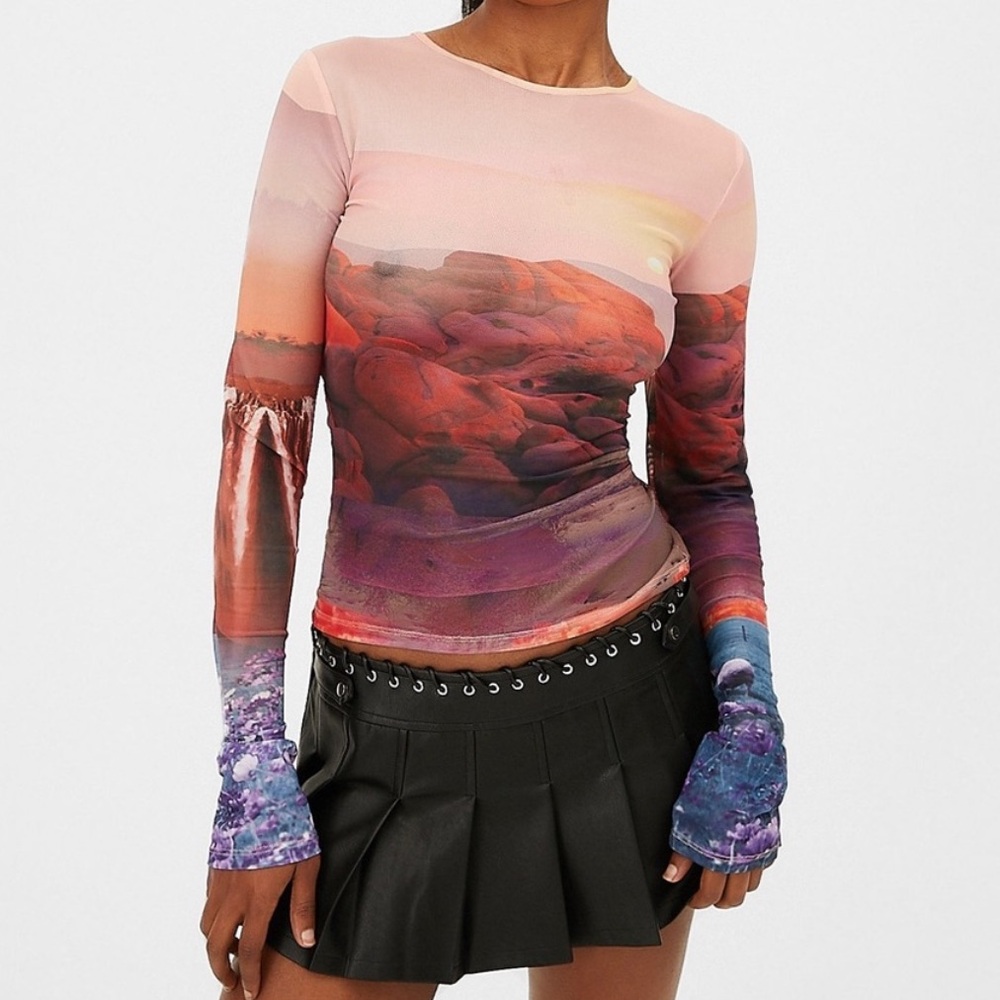 [miaou] oasis printed long-sleeve mesh top